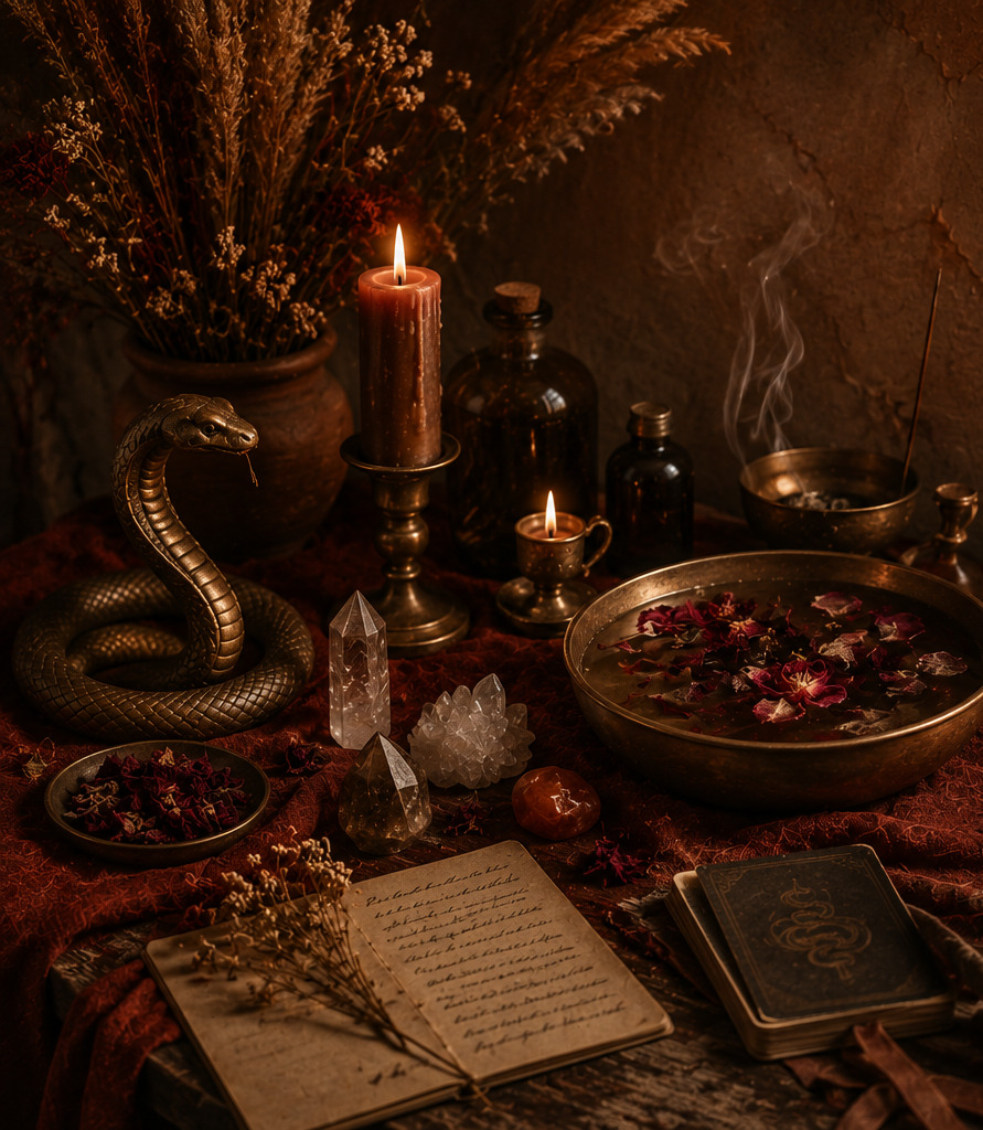 An altar with a bronze serpent, candles, water with petals, crystals and dried botanicals